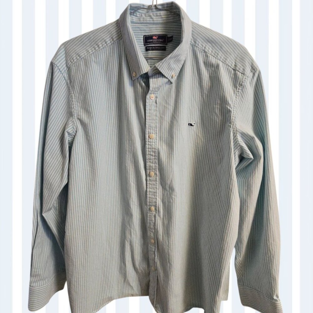 Vineyard Vines XXL Classic Fit Whale Shirt Turquoise & White Stripe 98% Cotton 2